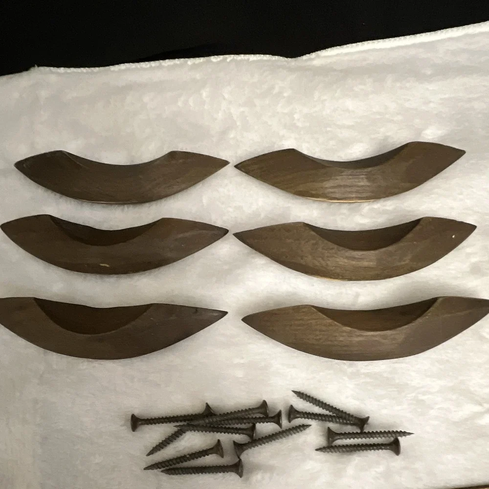 6 Mid-century Modern Style Carved Wood Drawer Pulls Bow Handles Screws Set Of 6